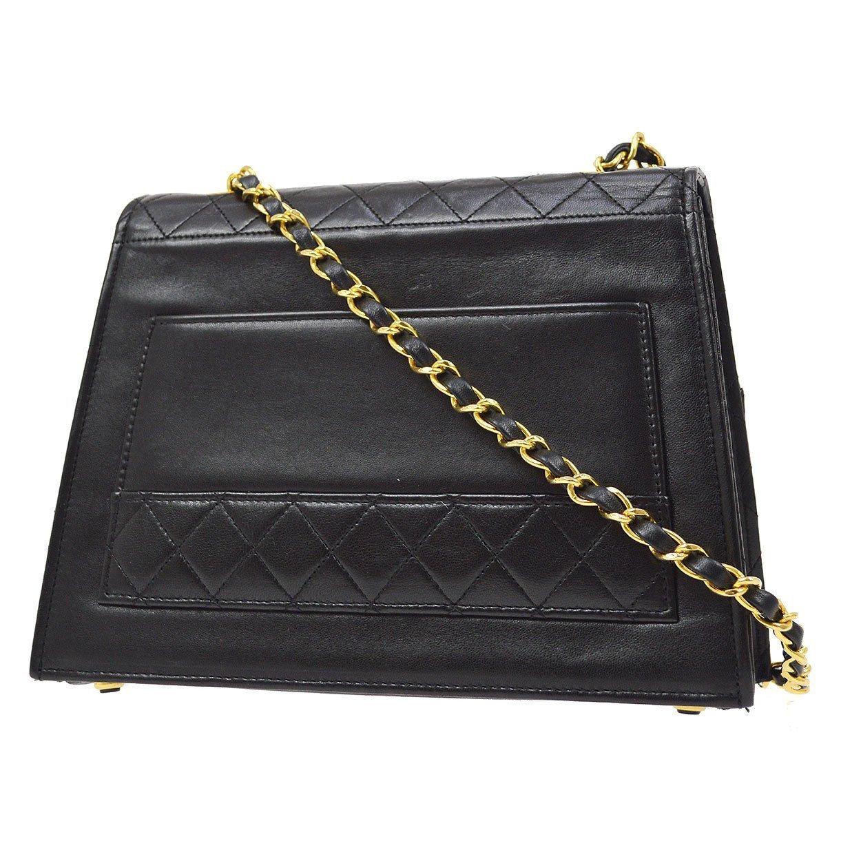 CHANEL Black Lambskin Leather Small Gold Kelly Style Evening Shoulder Flap Bag In Good Condition In Chicago, IL