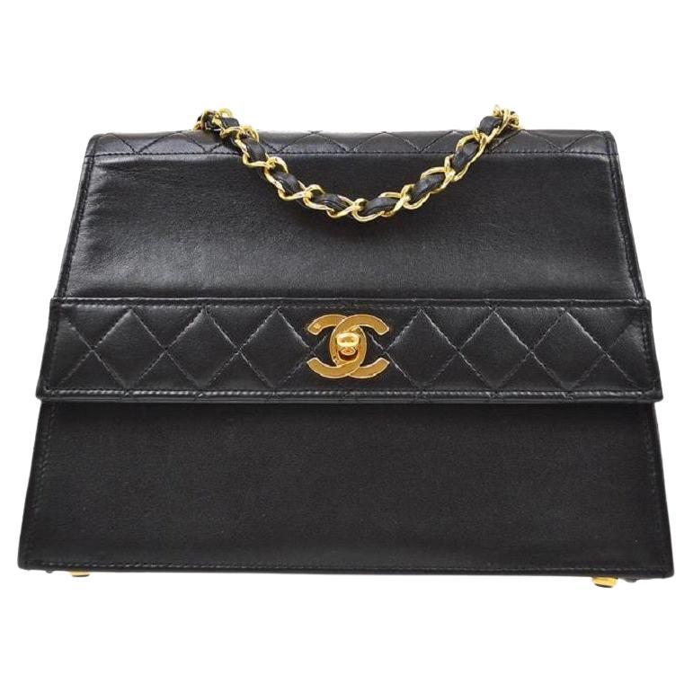 CHANEL Black Lambskin Leather Small Gold Kelly Style Evening Shoulder Flap Bag