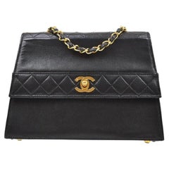 CHANEL Black Lambskin Leather Small Gold Kelly Style Evening Shoulder Flap Bag