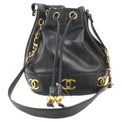 Chanel Black Lambskin Leather Triple CC Logo Drawstring Bucket Bag
