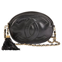 CHANEL Black Lambskin Leather Vintage Round Fringe Timeless Shoulder Bag
