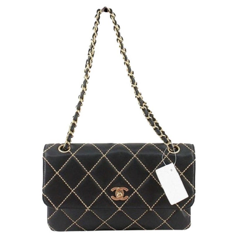 Chanel Black Lambskin Leather Wild Stitch CC Single Flap Shoulder Bag