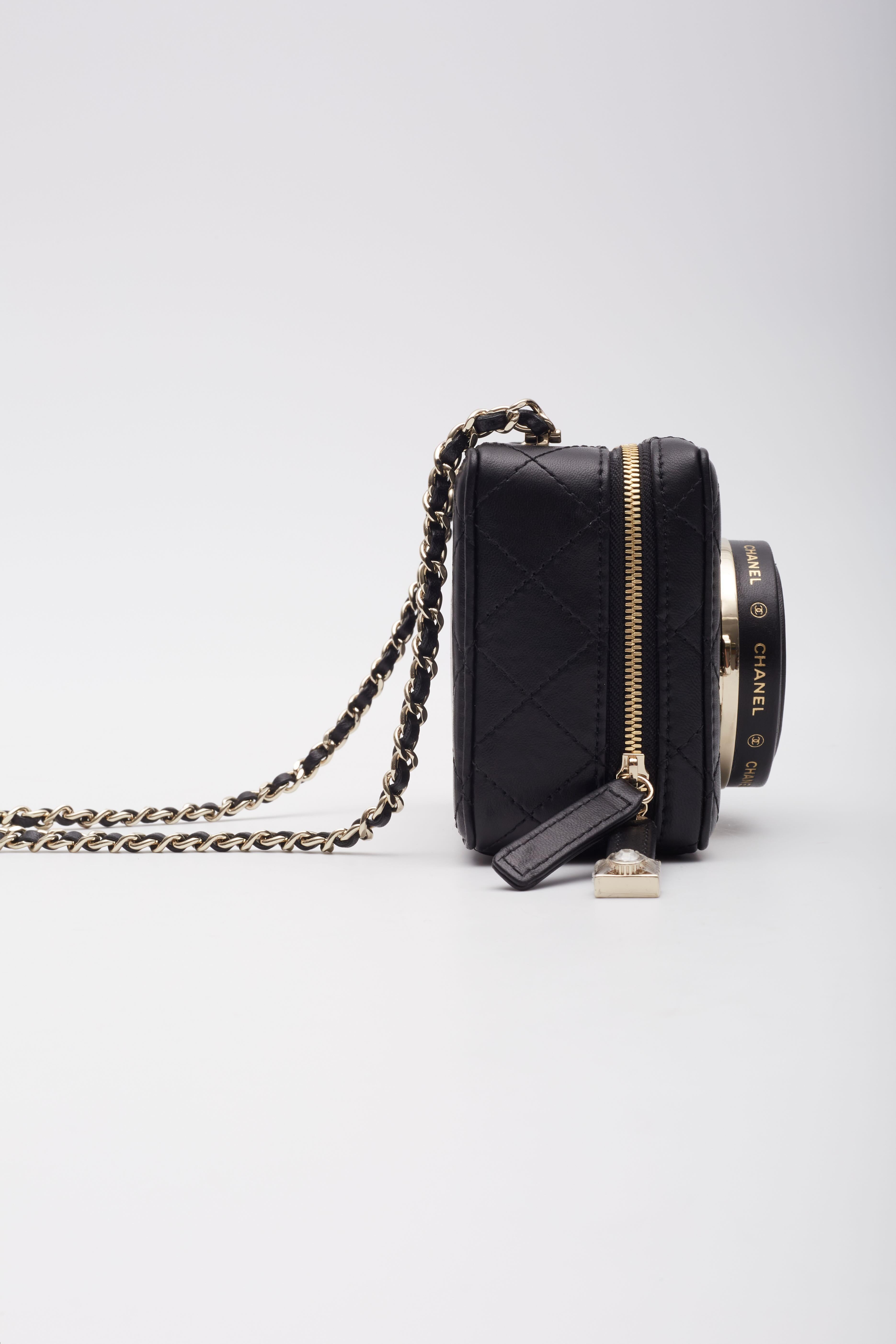 Chanel Black Lambskin Light Gold Camera Bag For Sale 3