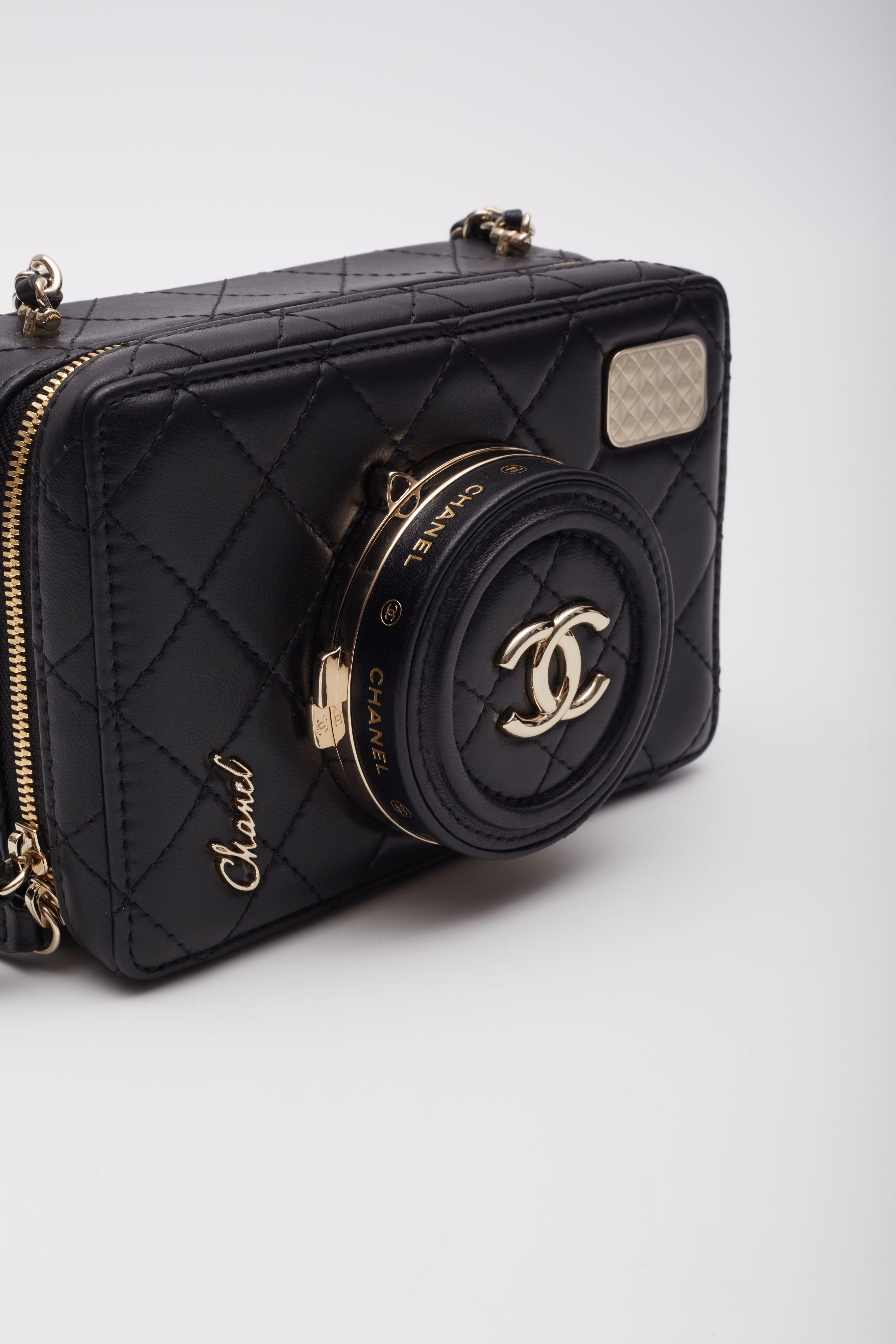 Chanel Black Lambskin Light Gold Camera Bag For Sale 5