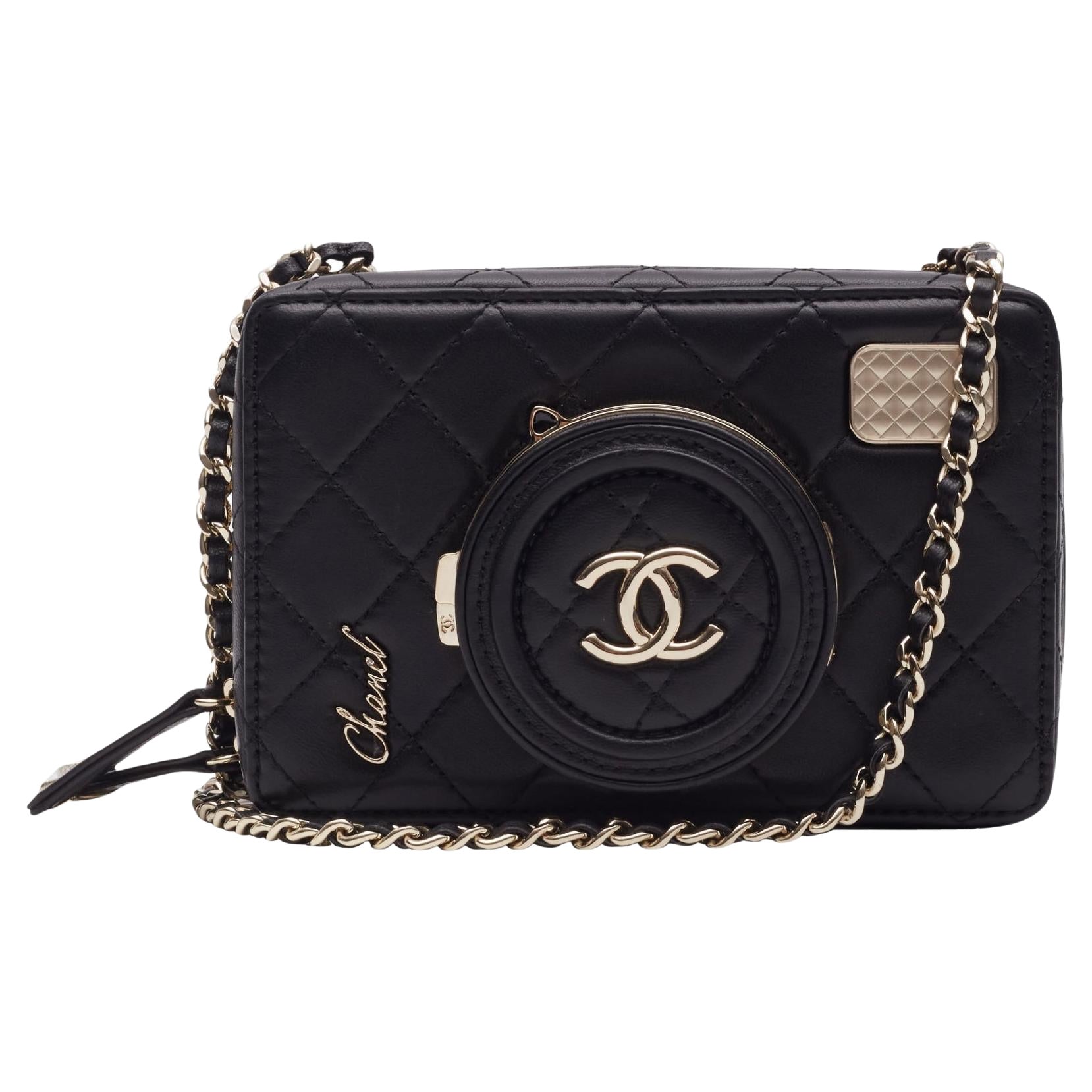 Chanel Black Lambskin Light Gold Camera Bag For Sale