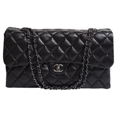 Chanel Black Lambskin Maxi Accordion Three Compartment Flap Bag