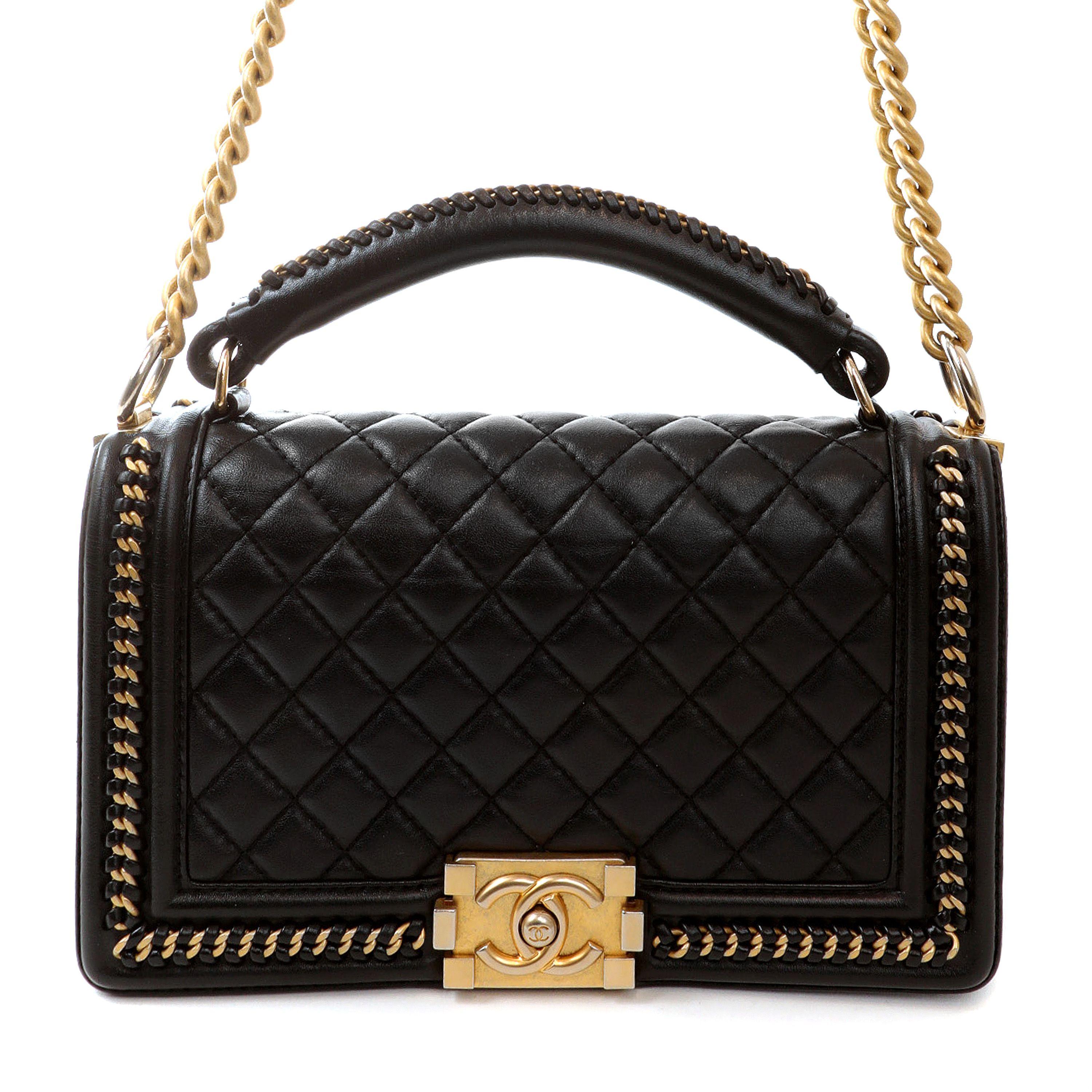 Chanel Black Lambskin Medium Chain Around Boy Bag with Gold Hardware In Good Condition For Sale In Palm Beach, FL