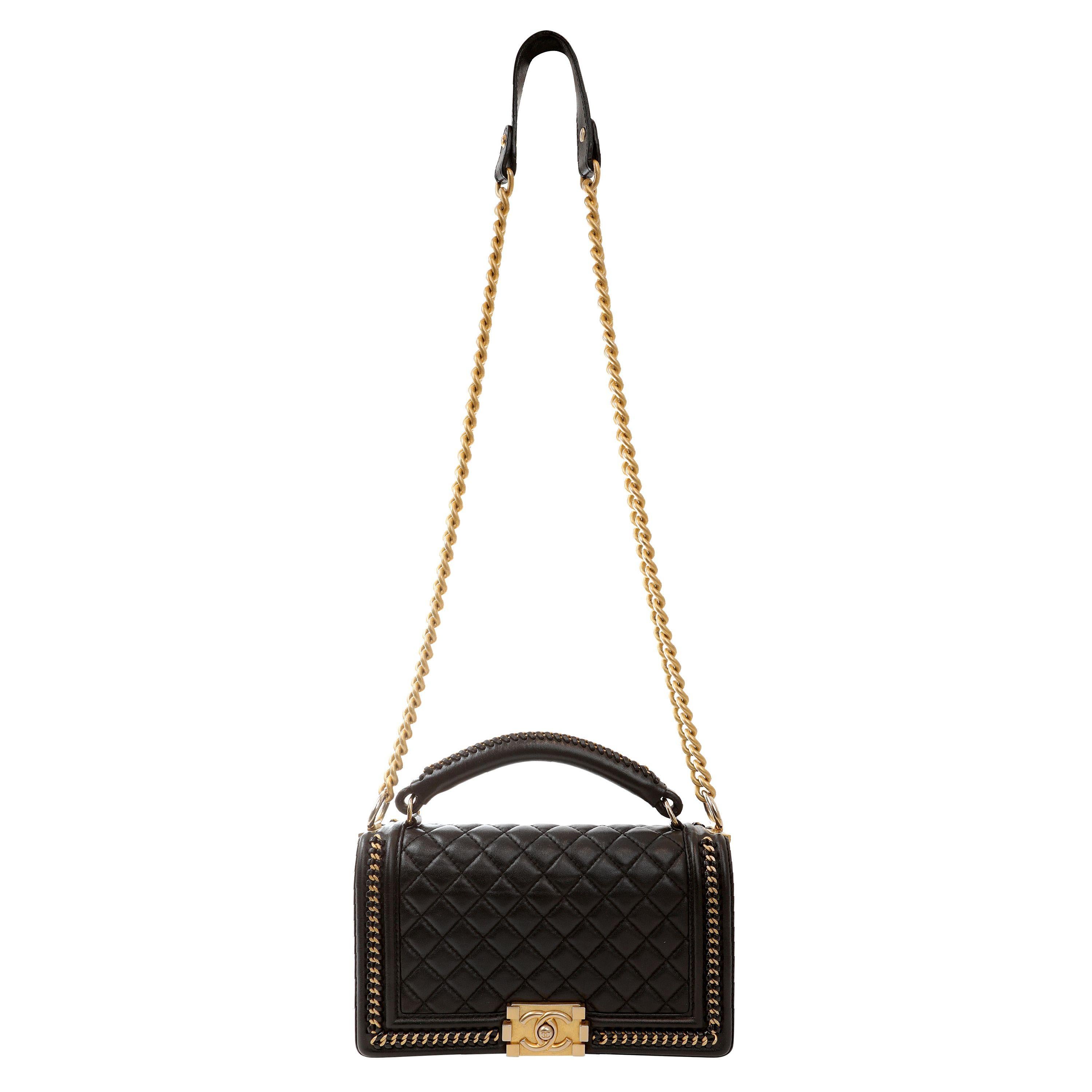 Women's Chanel Black Lambskin Medium Chain Around Boy Bag with Gold Hardware For Sale