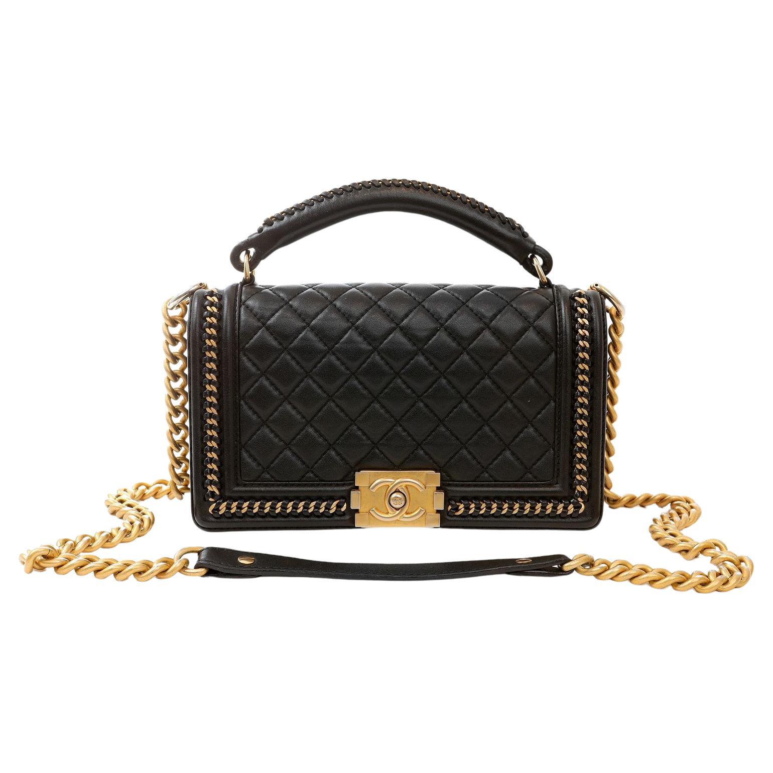 Chanel Black Lambskin Medium Chain Around Boy Bag with Gold Hardware For Sale