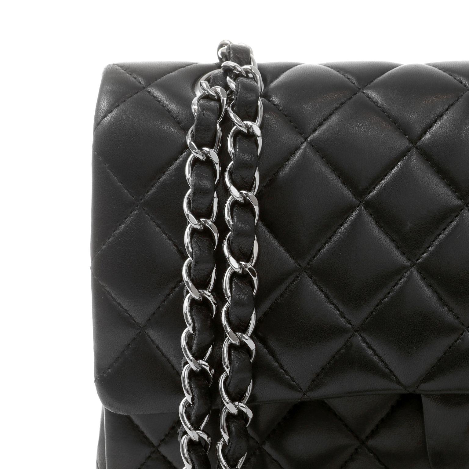 Chanel Black Lambskin Medium Classic Flap Bag  with Silver Hardware In Excellent Condition For Sale In Palm Beach, FL