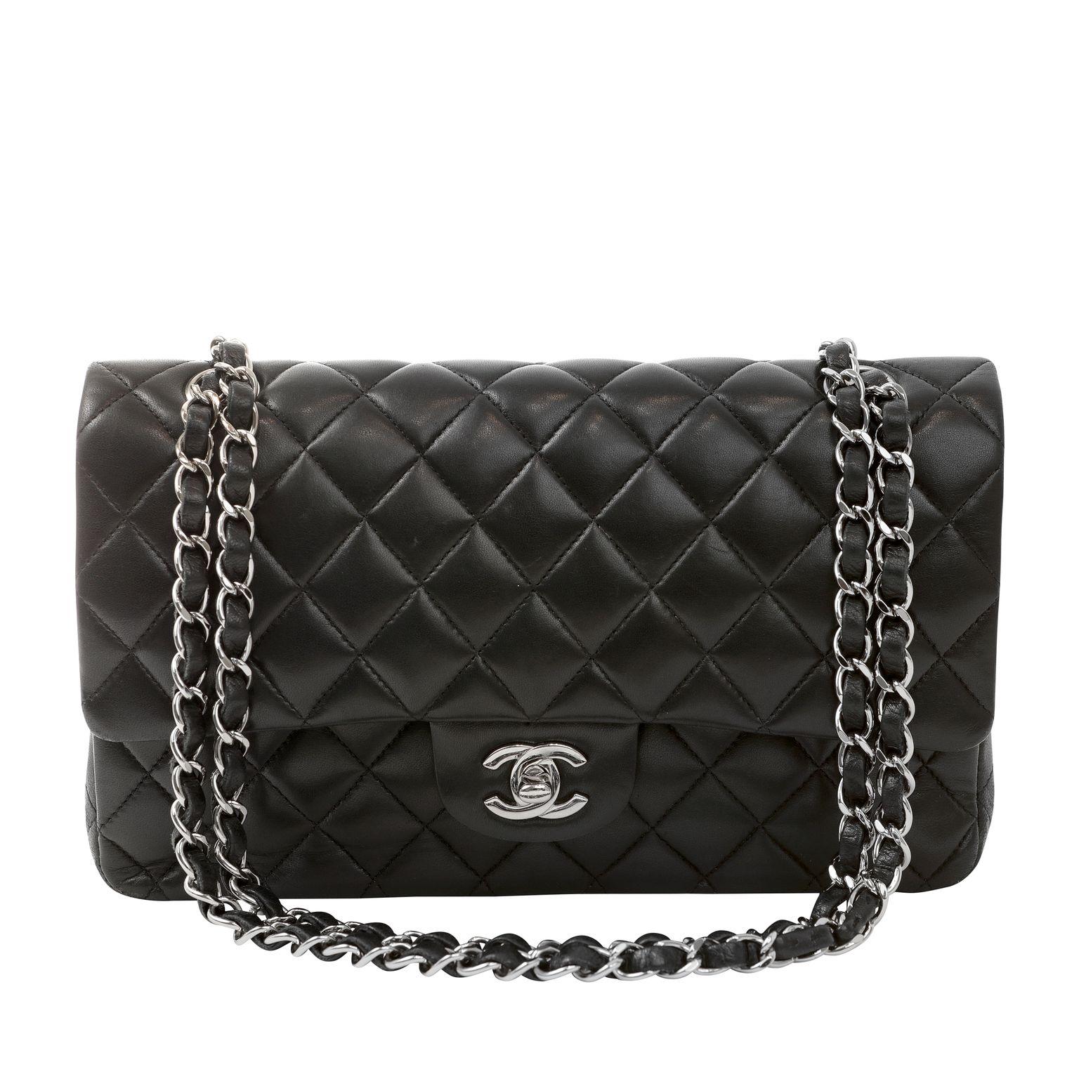 Women's Chanel Black Lambskin Medium Classic Flap Bag  with Silver Hardware For Sale