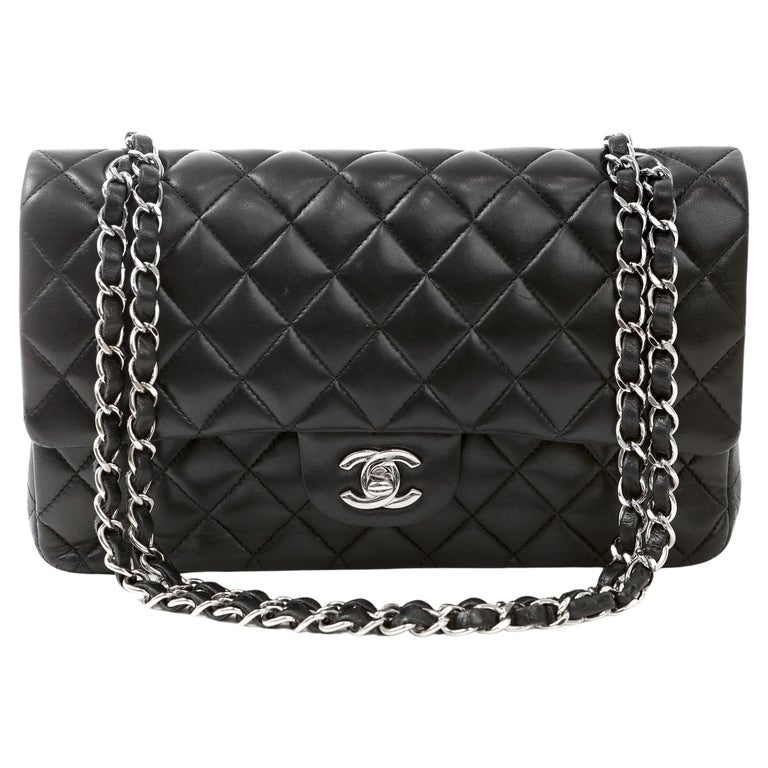 Chanel Black Lambskin Medium Classic Flap Bag with Silver Hardware For Sale  at 1stDibs