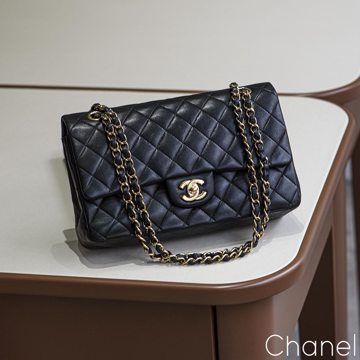 Women's Chanel Black Lambskin Medium Double Flap Bag