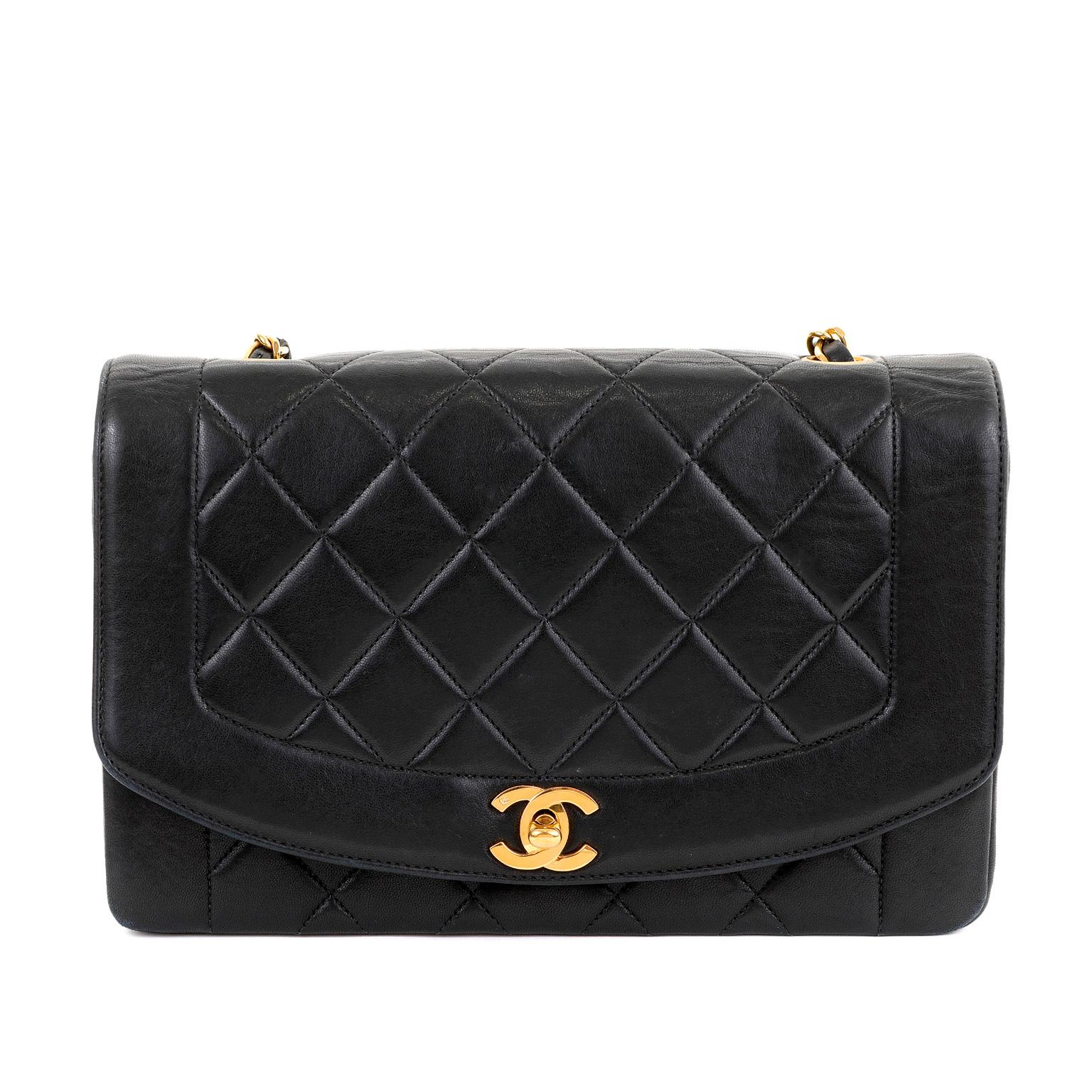 This authentic Chanel Black Lambskin Medium Princess Diana Single Flap Bag is in pristine condition.  A subtly rounded single flap with gold interlocking CC twist lock and smooth frame in supple black lambskin. Leather and chain entwined strap may