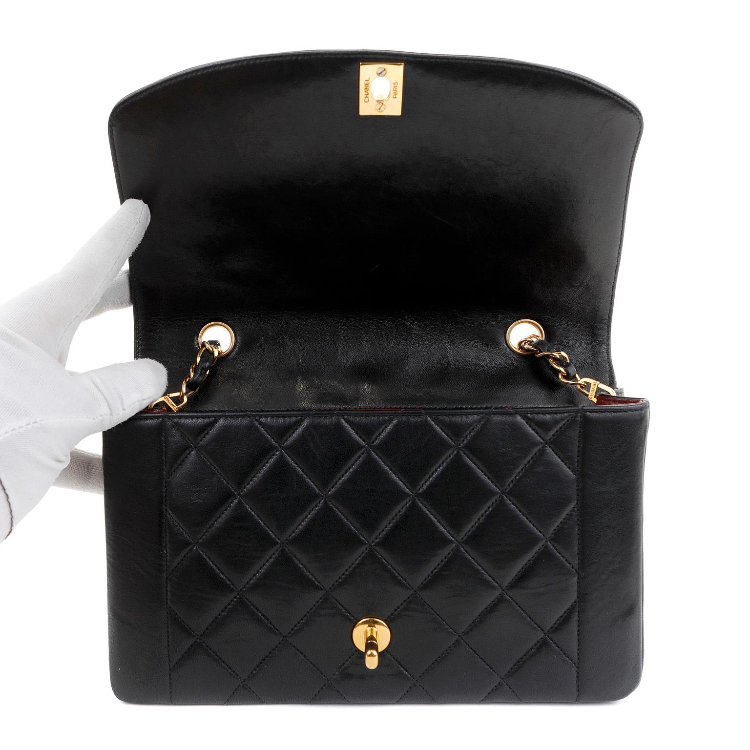 Chanel Black Lambskin Medium Princess Diana Single Flap Bag In Good Condition For Sale In Palm Beach, FL