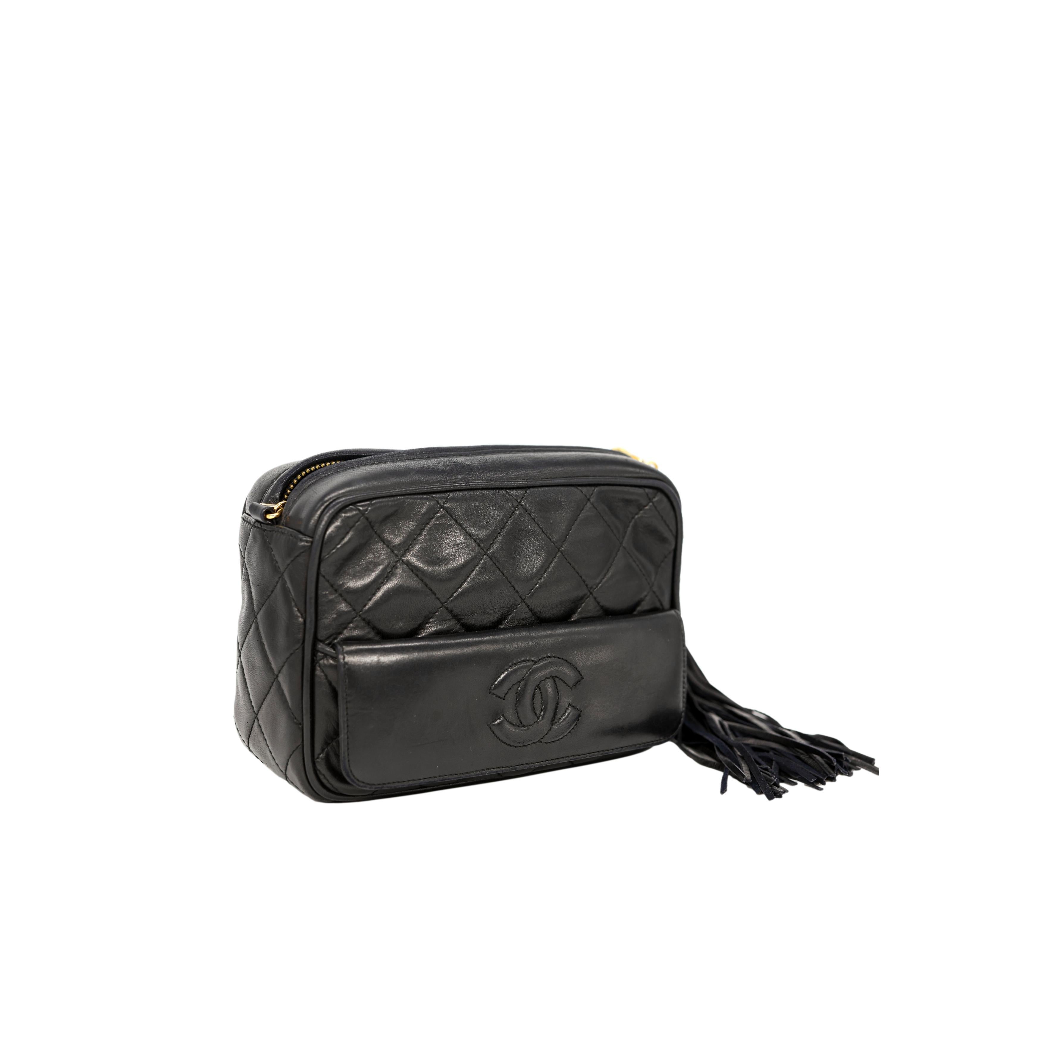 Chanel Black Lambskin Mini Tassel Camera Bag with 24KT Hardware, 1989 - 1991. In Good Condition In Banner Elk, NC