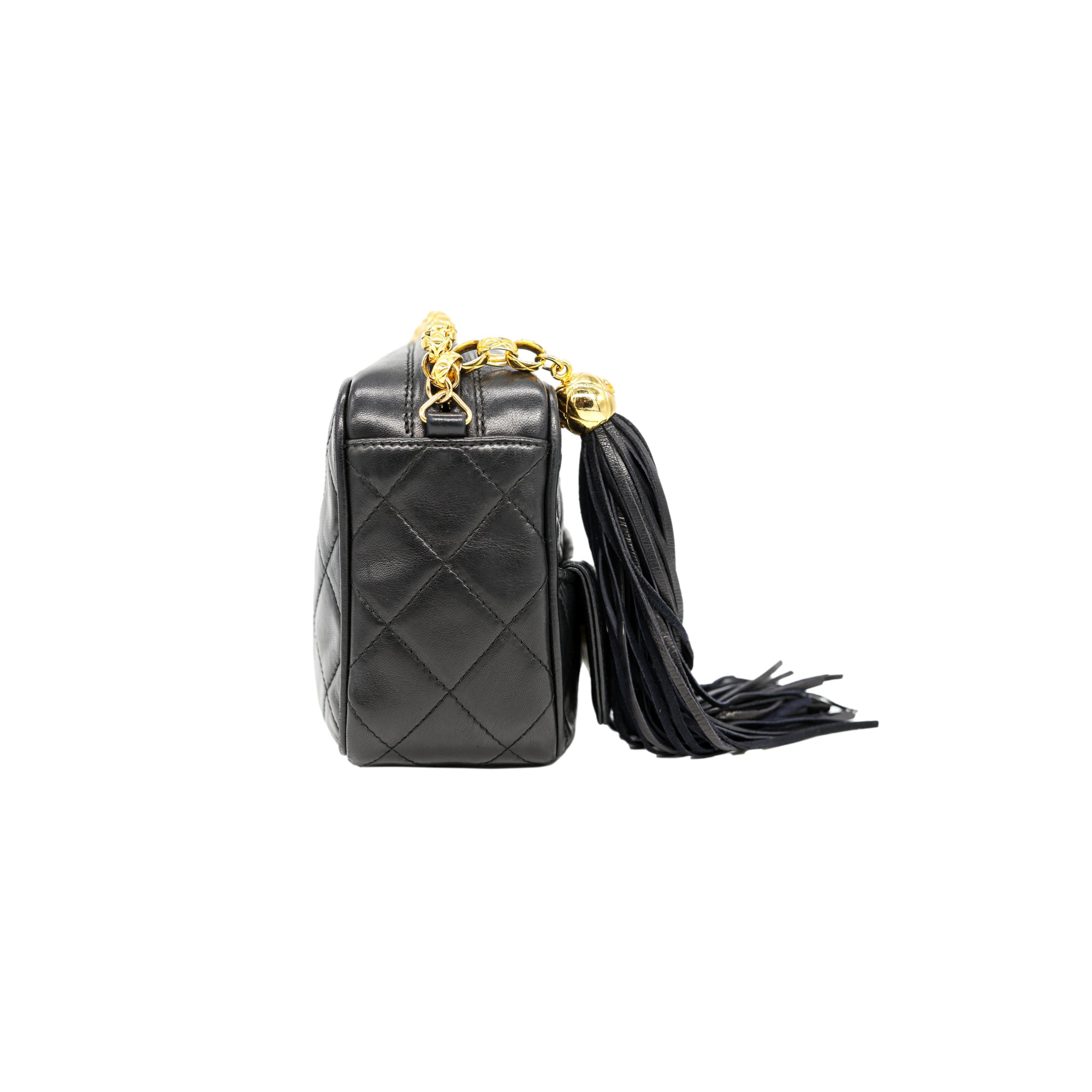Women's or Men's Chanel Black Lambskin Mini Tassel Camera Bag with 24KT Hardware, 1989 - 1991.