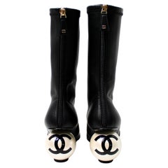 Chanel Black Lambskin & Patent Leather Mid-Calf Pearl Logo Heel Boots