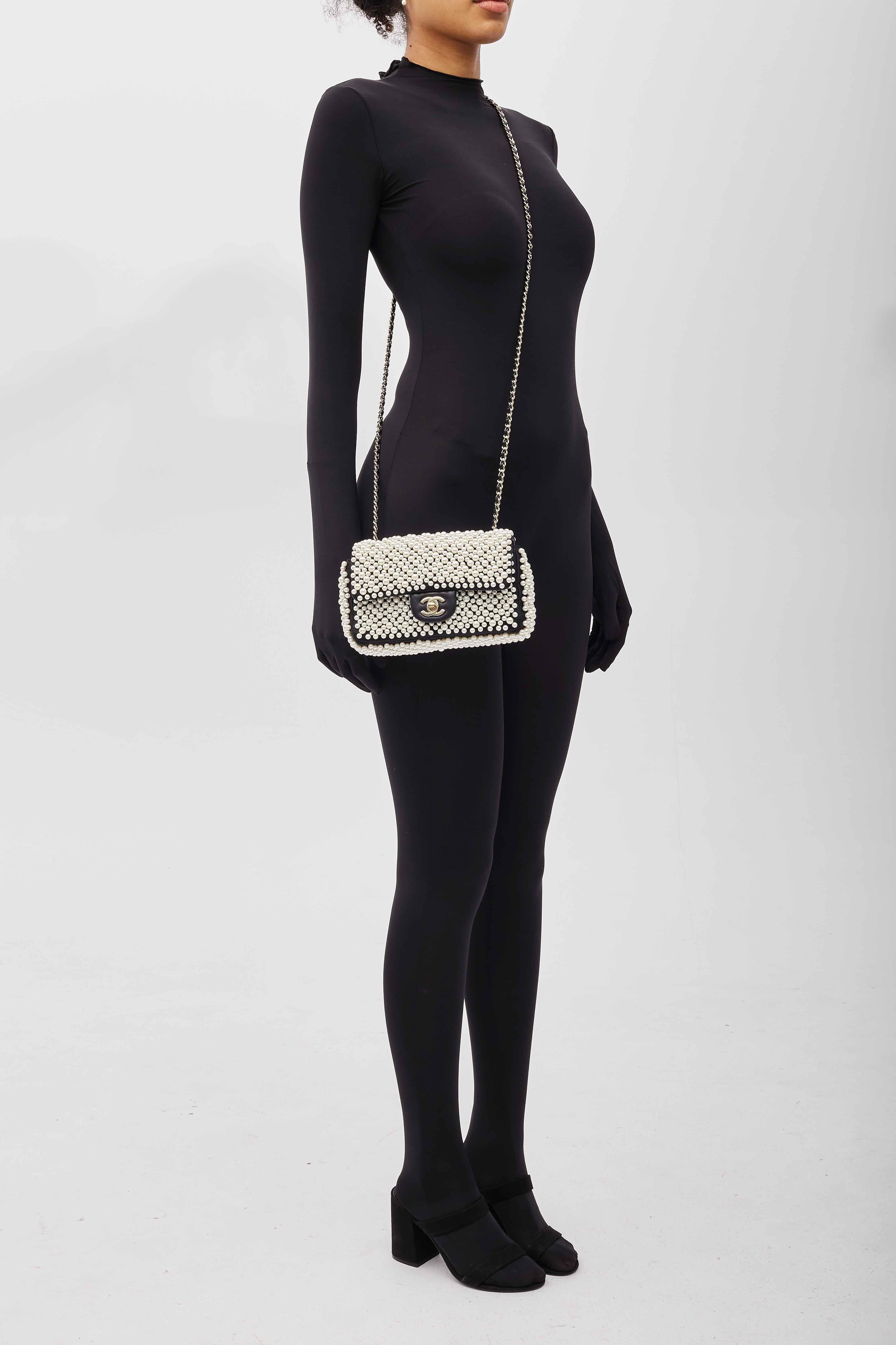 Chanel Black Lambskin Pearl on Flap Bag For Sale 6