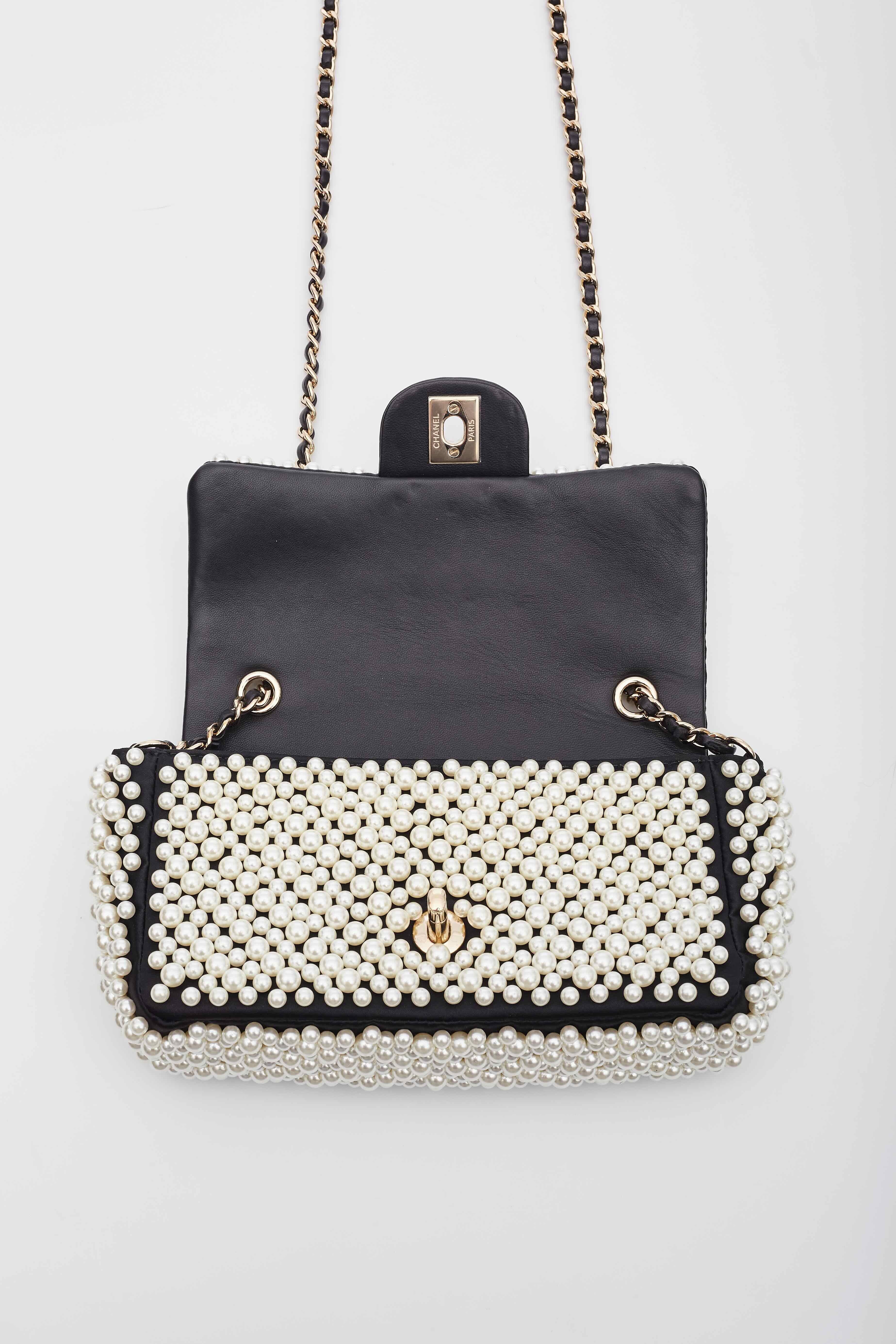 Chanel Black Lambskin Pearl on Flap Bag For Sale 3