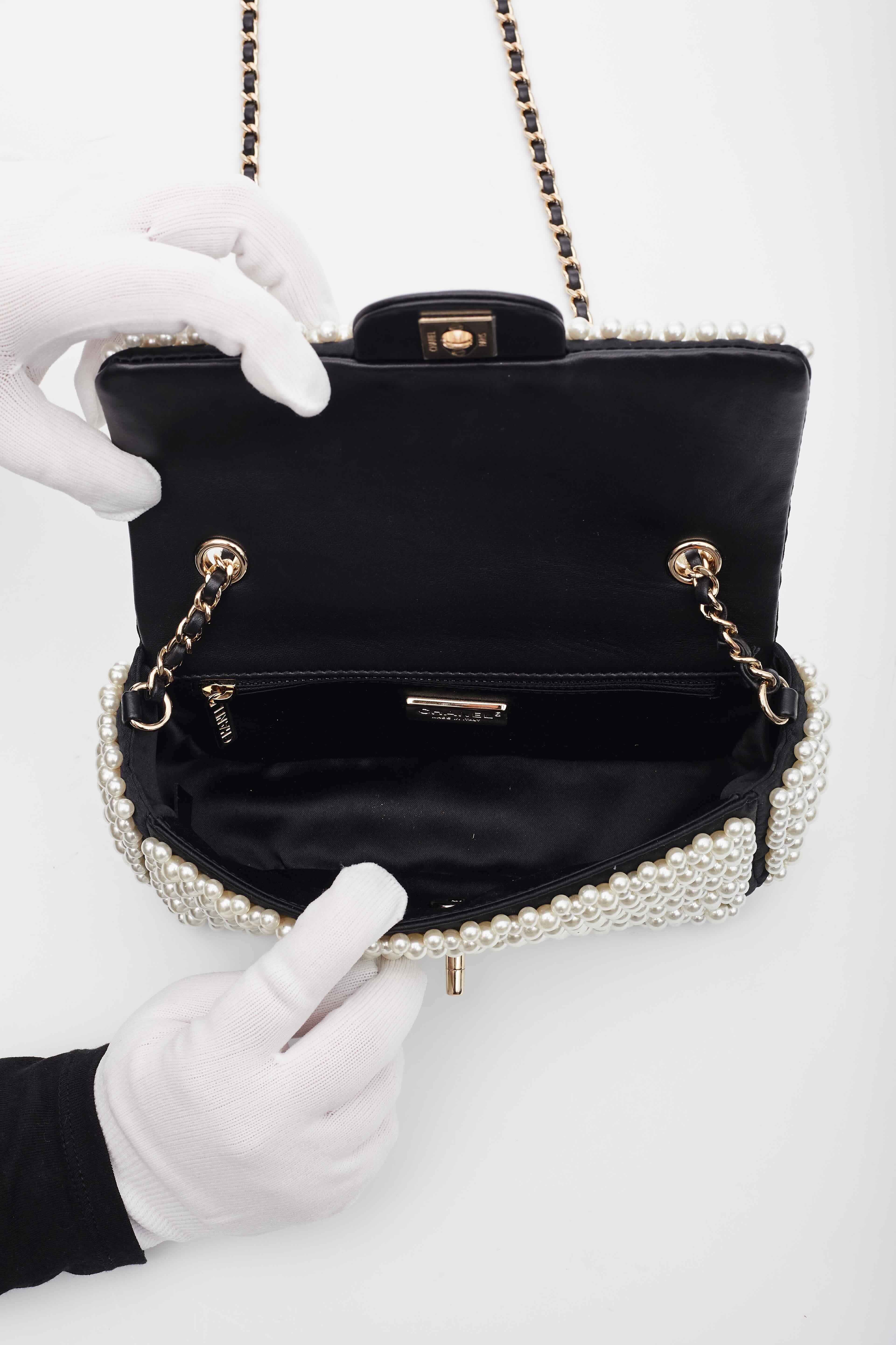 Chanel Black Lambskin Pearl on Flap Bag For Sale 4
