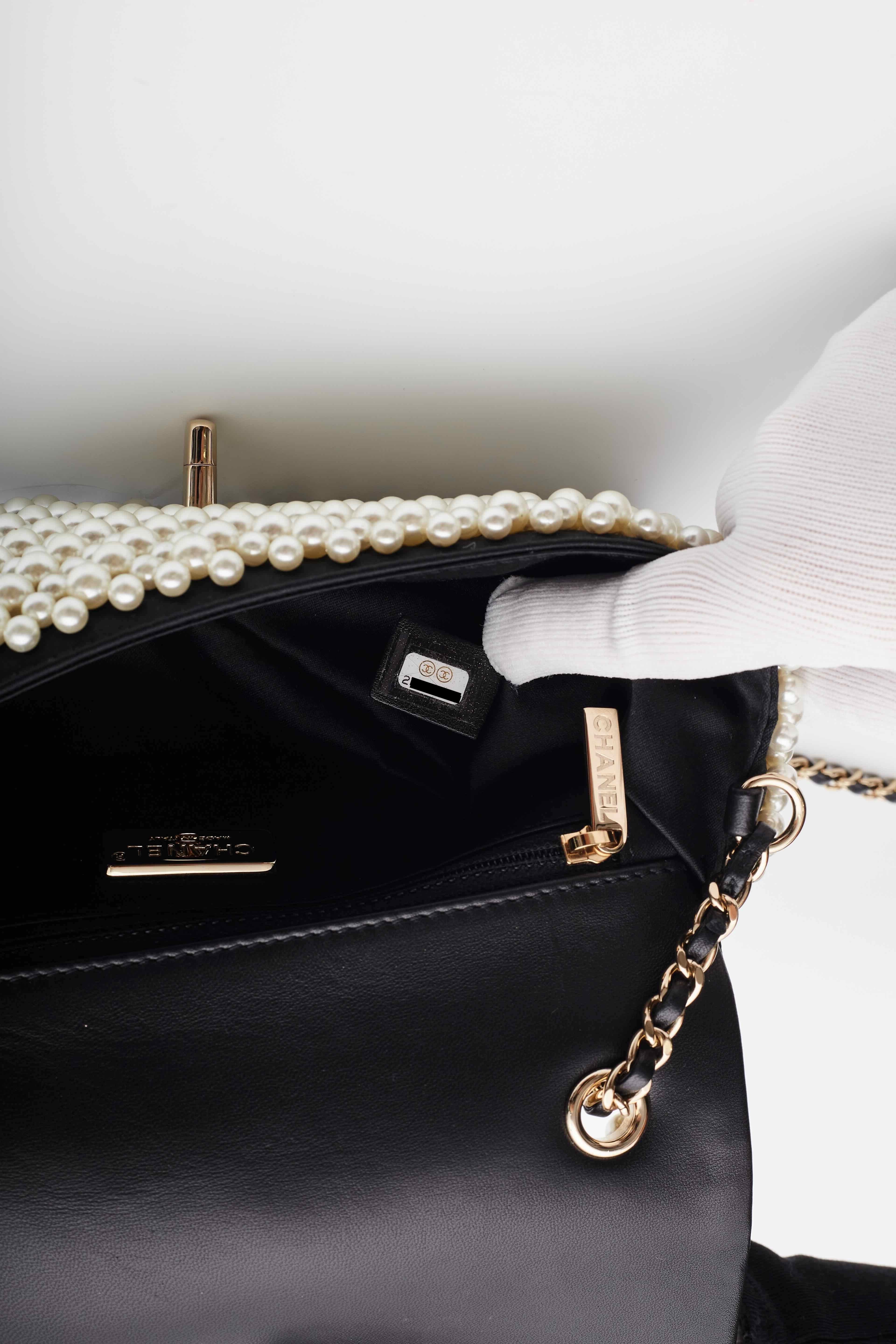 Chanel Black Lambskin Pearl on Flap Bag For Sale 5