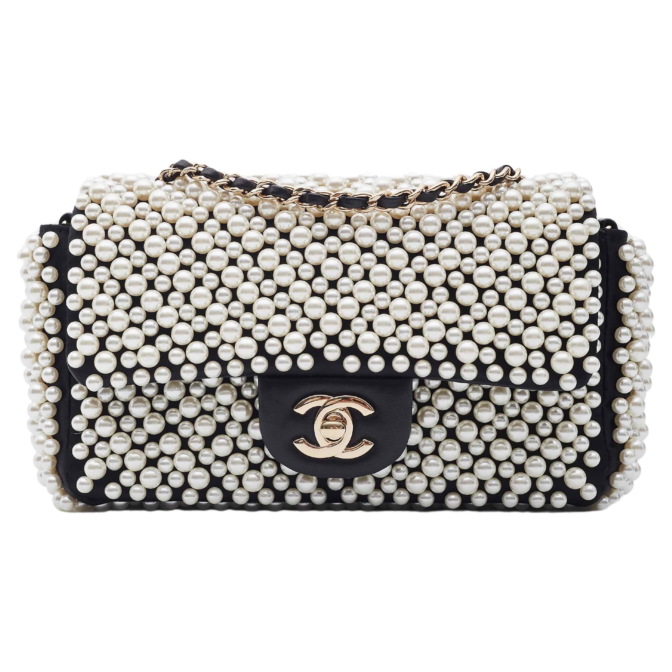 Chanel Black Lambskin Pearl on Flap Bag For Sale