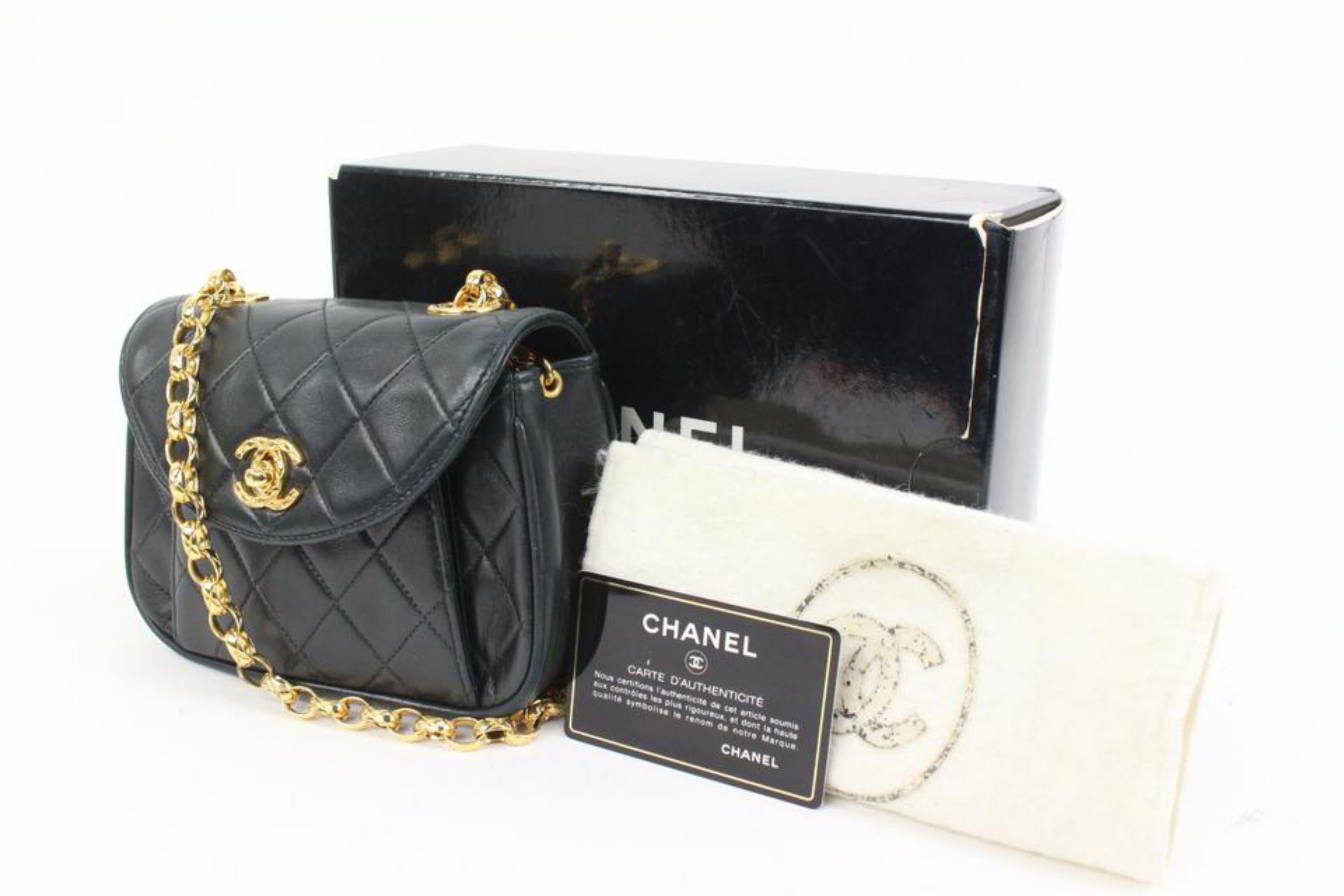 Chanel Black Lambskin Quilted Gold Hardware Round Flap s331ck50
Date Code/Serial Number: 2243512
Made In: France
Measurements: Length:  6.5