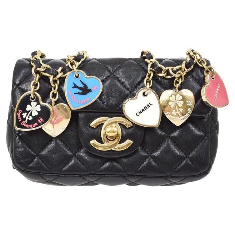 CHANEL Black Lambskin Quilted Heart Charm Classic Mini Party Shoulder Flap  Bag