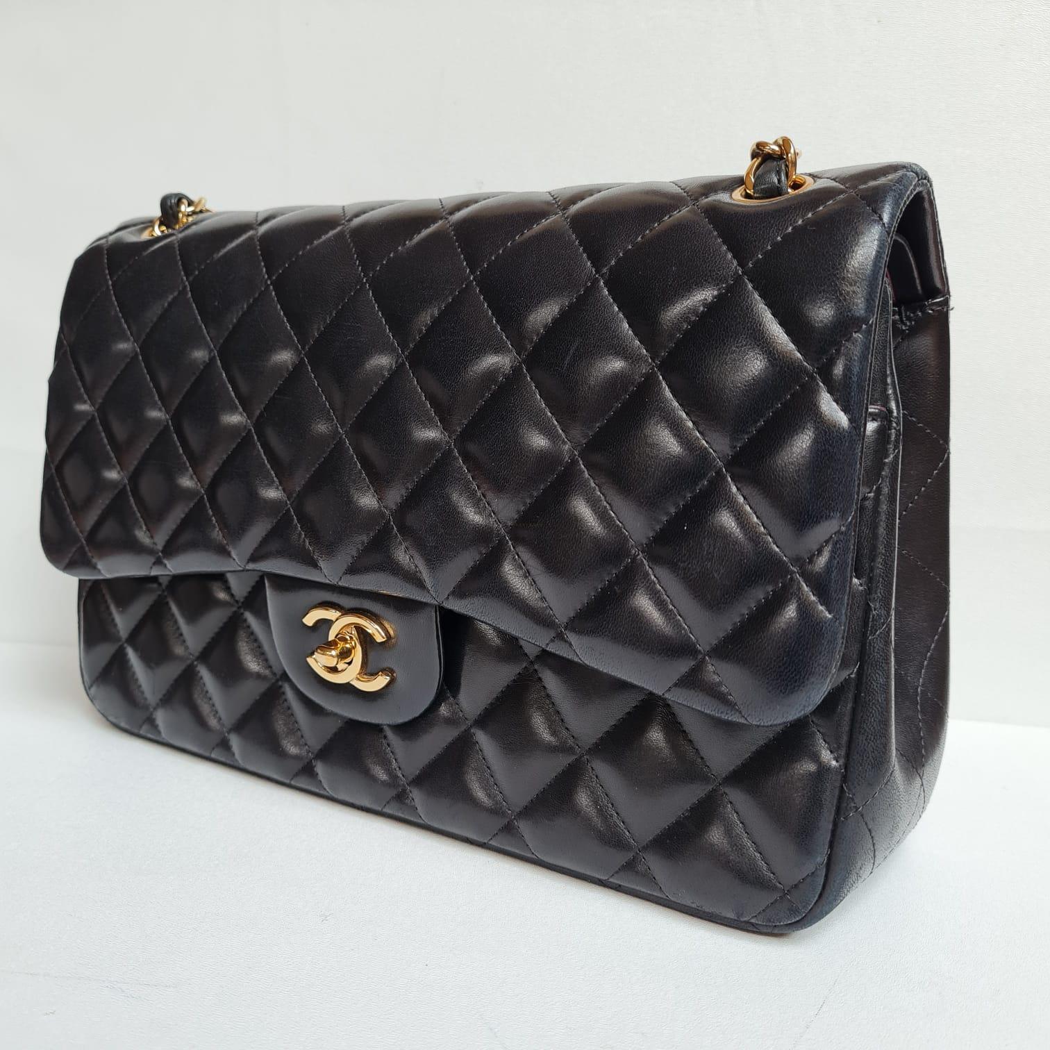 Chanel Black Lambskin Quilted Jumbo Double Flap Bag For Sale 6
