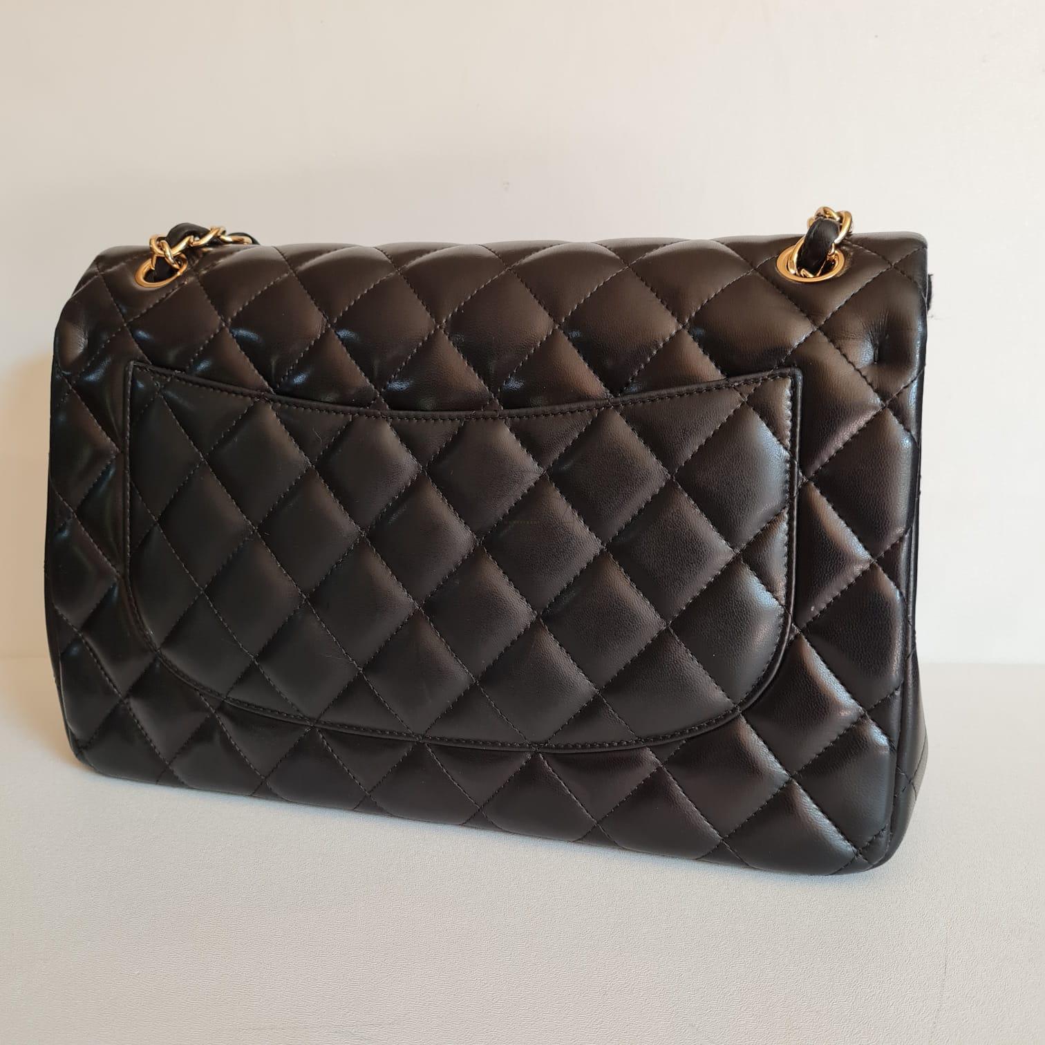 Chanel Black Lambskin Quilted Jumbo Double Flap Bag For Sale 9