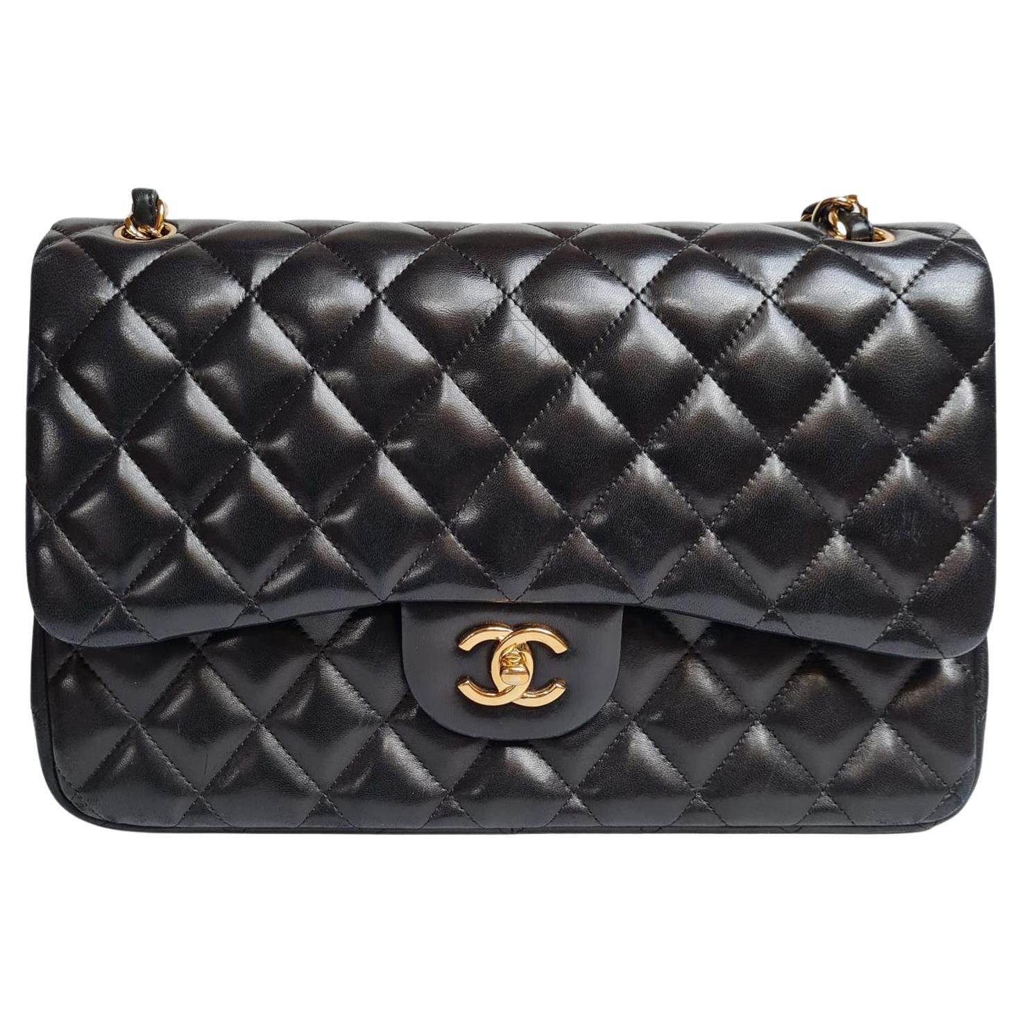 Chanel Black Lambskin Quilted Jumbo Double Flap Bag For Sale