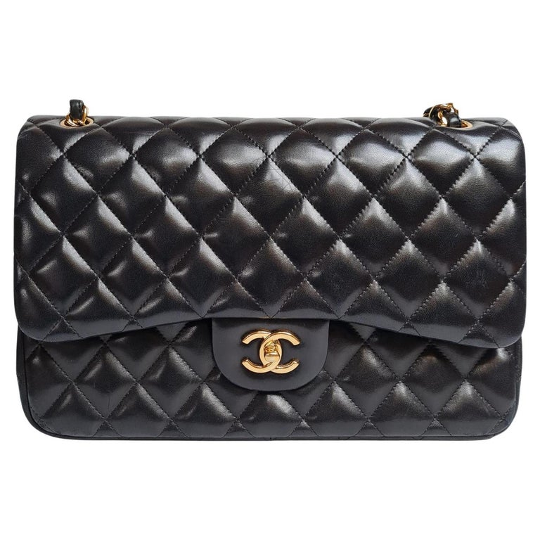Chanel Black Lambskin Quilted Jumbo Double Flap Bag For Sale at 1stDibs