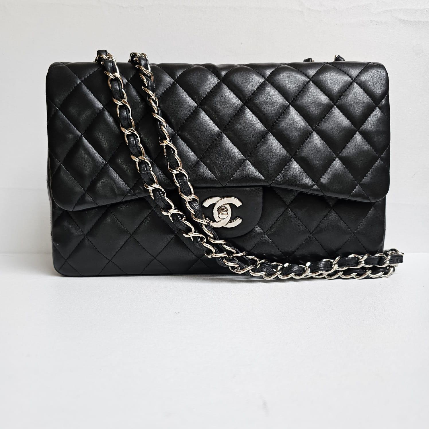 Chanel Black Lambskin Quilted Jumbo Single Flap Bag For Sale 12