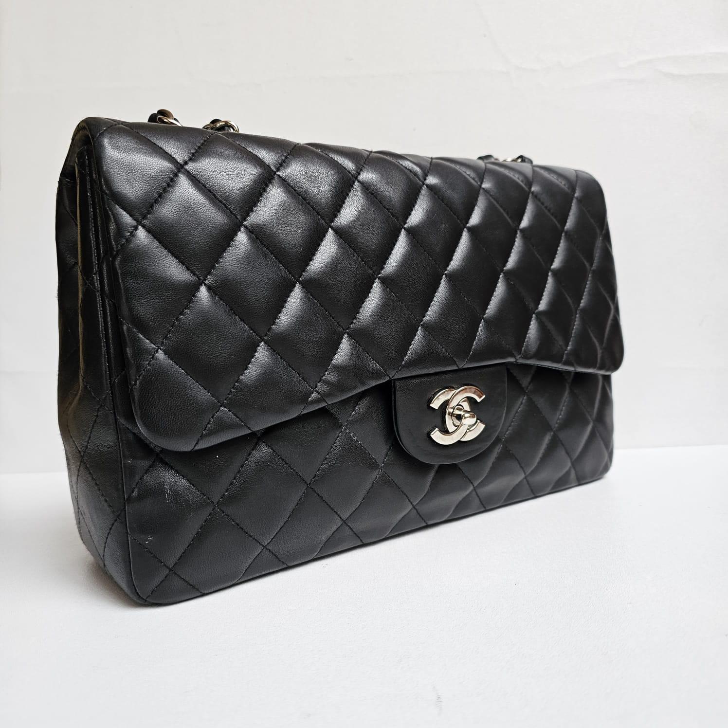 Chanel Black Lambskin Quilted Jumbo Single Flap Bag For Sale 13