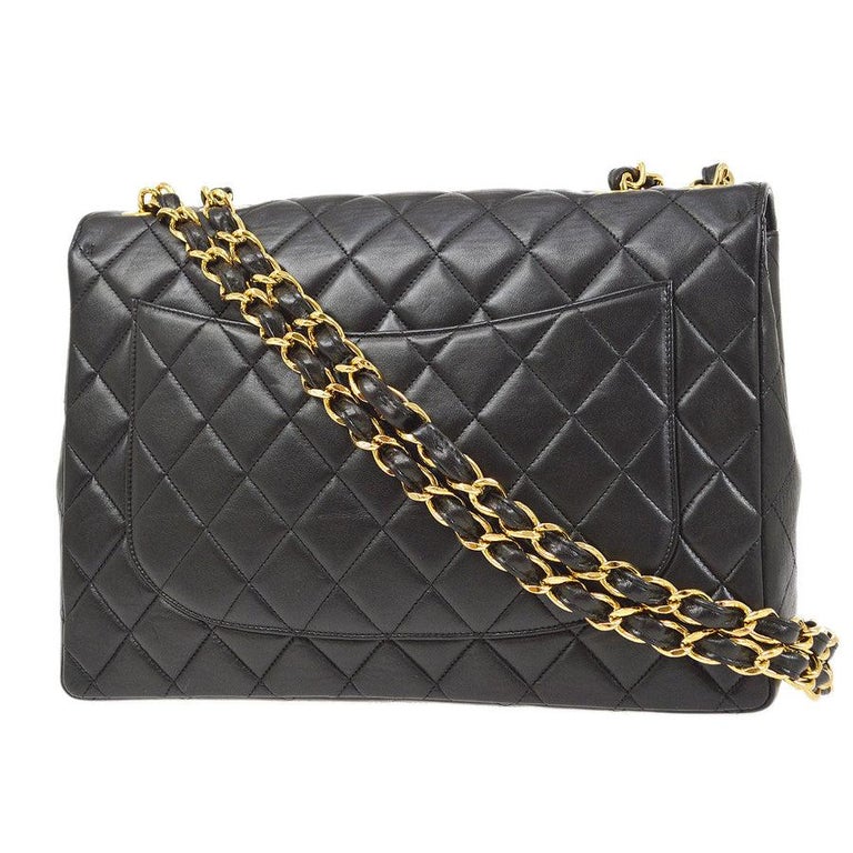 CHANEL Black Lambskin Quilted Leather 24K Gold Plated Shoulder Jumbo Flap  Bag