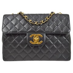 CHANEL Black Lambskin Quilted Leather 24K Gold Plated Shoulder Jumbo Flap Bag