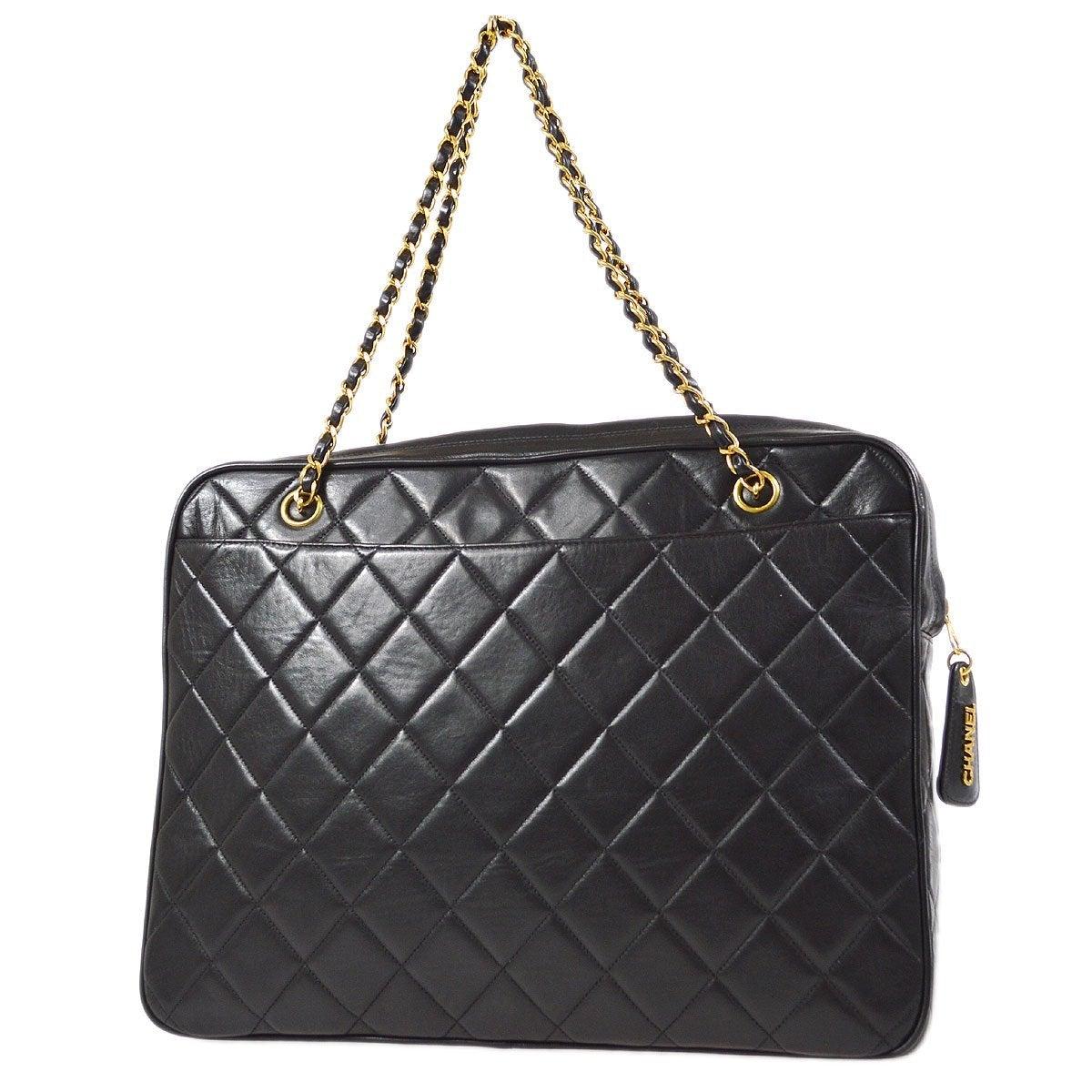 Women's CHANEL Black Lambskin Quilted Leather 24K Gold Top Handle Shoulder Tote Flap Bag
