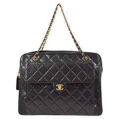 CHANEL Black Lambskin Quilted Leather 24K Gold Top Handle Shoulder Tote Flap Bag