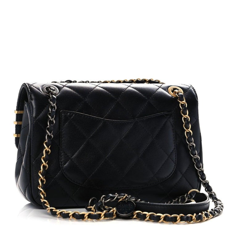 CHANEL Black Lambskin Quilted Leather Charms Gold Gunmetal Shoulder Flap Bag In Excellent Condition In Chicago, IL