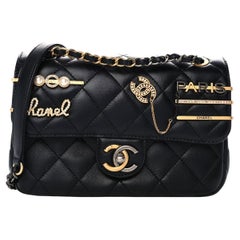 CHANEL Black Lambskin Quilted Leather Charms Gold Gunmetal Shoulder Flap Bag