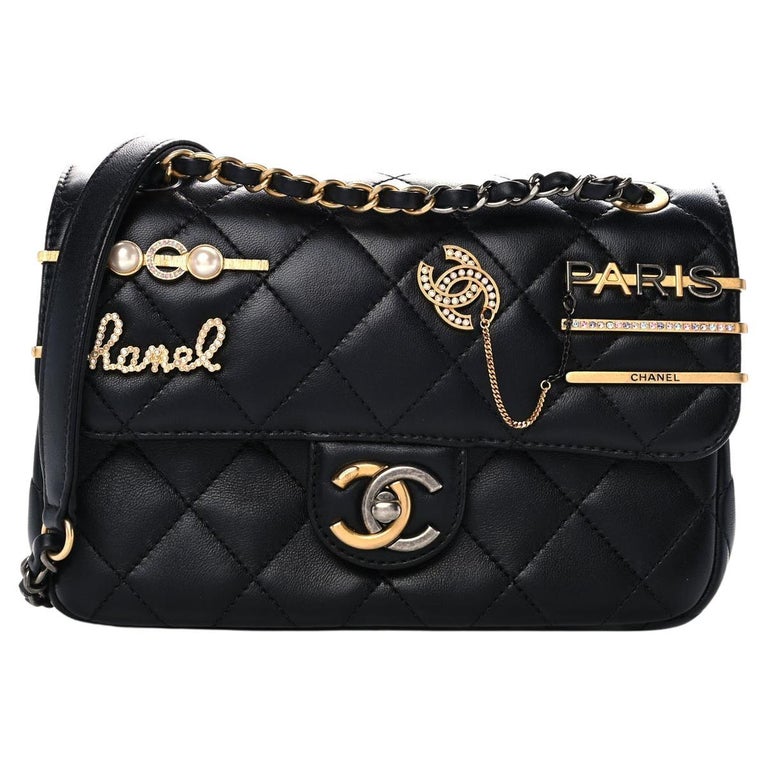 CHANEL Black Lambskin Quilted Leather Charms Gold Gunmetal Shoulder Flap Bag  For Sale at 1stDibs