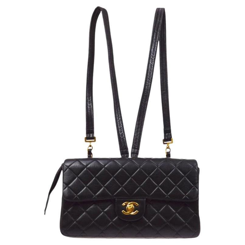 Unusual Chanel Square Quilted Black Leather Backpack Bag With Chain