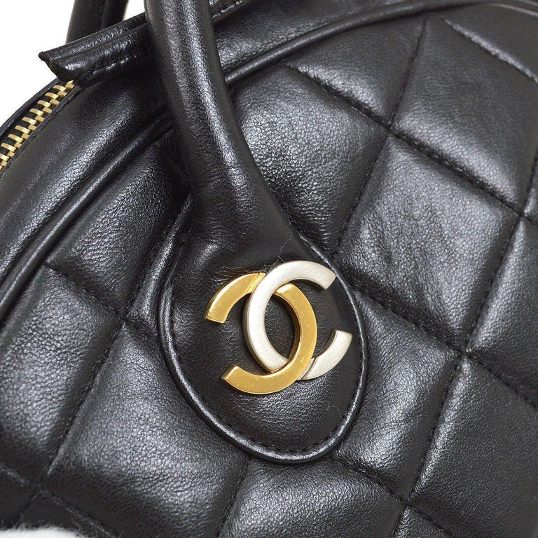 CHANEL Black Lambskin Quilted Leather Gold Silver Top Handle Carryall ...