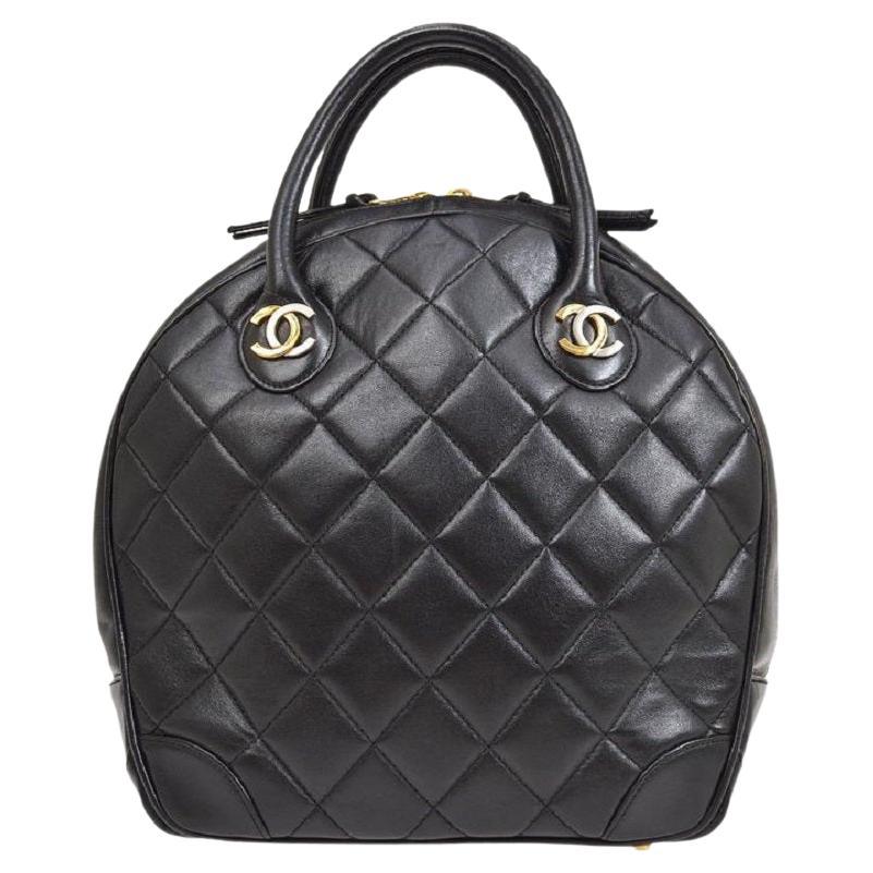CHANEL Black Lambskin Quilted Leather Gold Silver Top Handle Carryall Travel Bag
