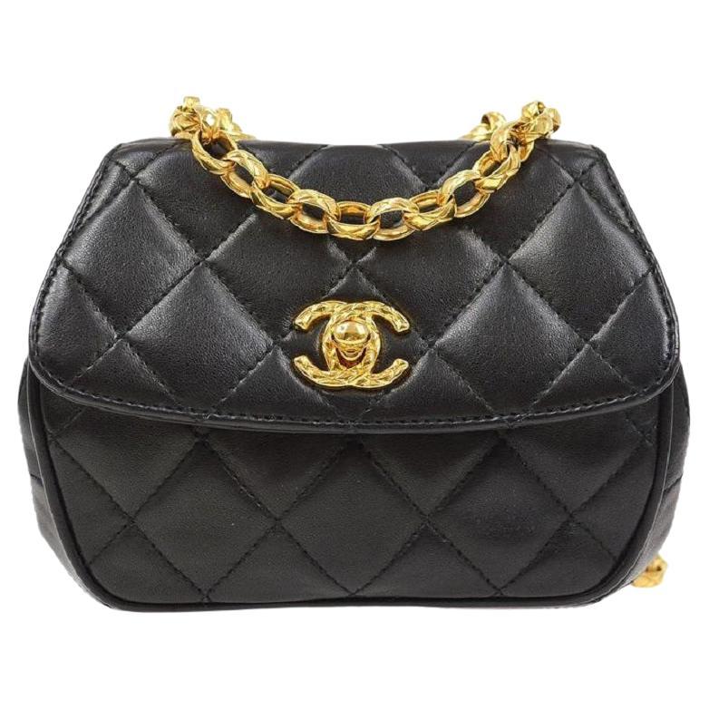 CHANEL Black Lambskin Quilted Leather Gold Small Party Mini Shoulder Flap Bag