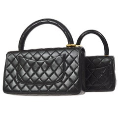 CHANEL Black Lambskin Quilted Leather Gold Top Handle Evening Kelly Flap Bags