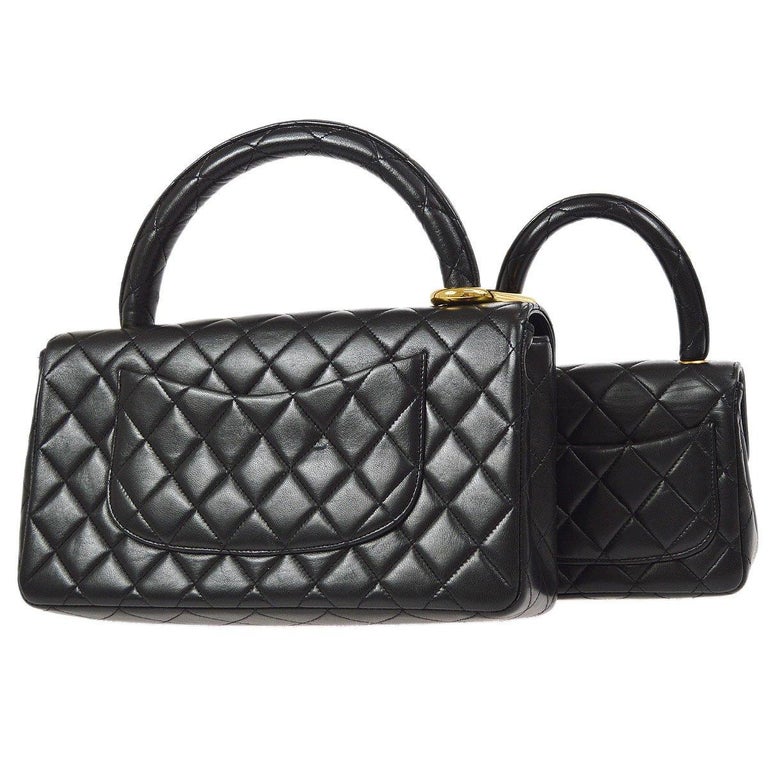 CHANEL Black Lambskin Quilted Leather Gold Top Handle Evening