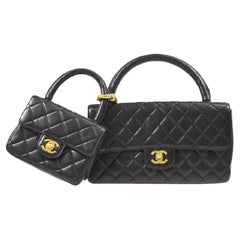 Vintage CHANEL Black Lambskin Quilted Leather Gold Top Handle Evening Kelly Flap Bags