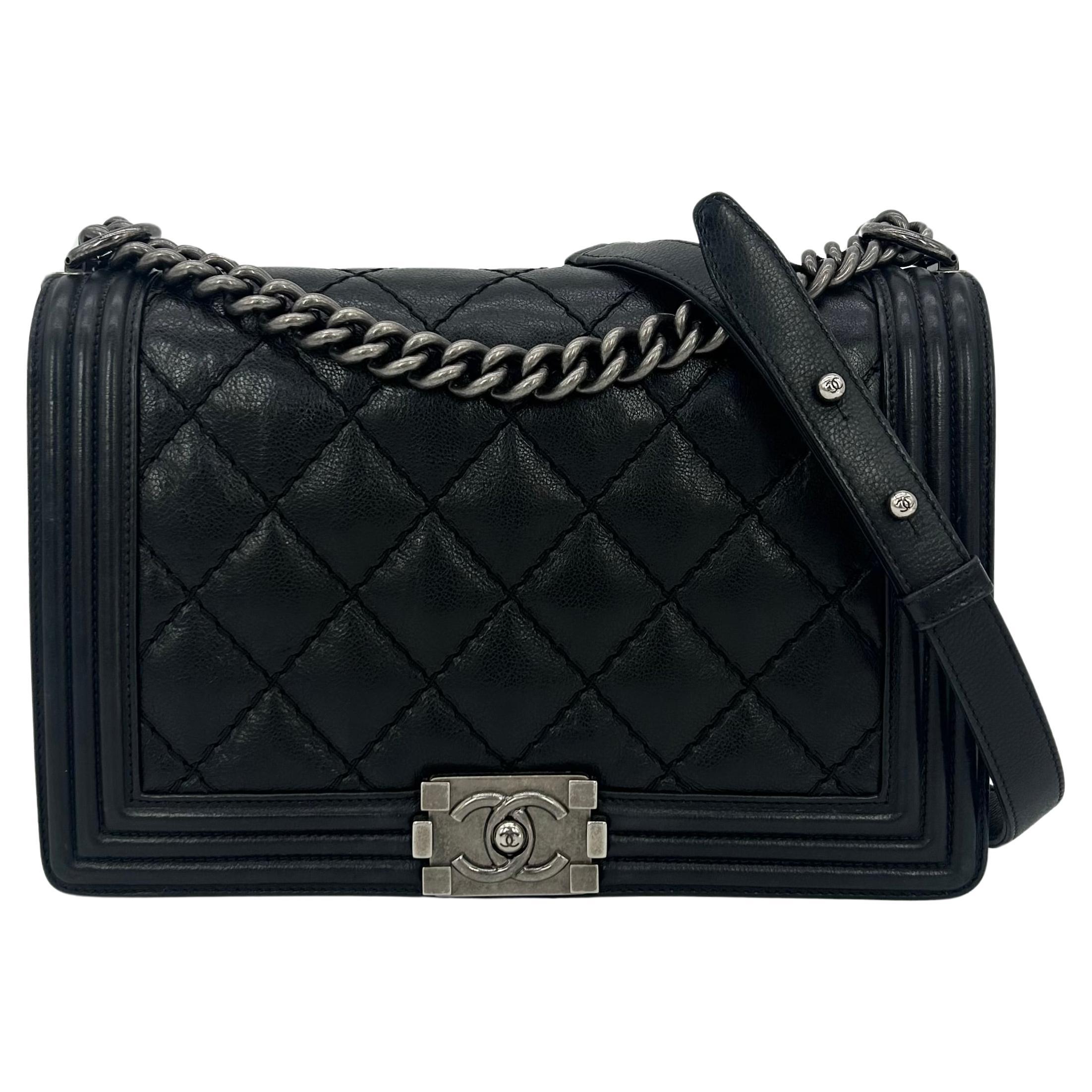Chanel Black Lambskin Quilted Medium Boy Bag For Sale